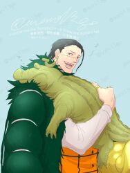  1boy absurdres animal bananawani_(one_piece) black_hair blue_background coat coat_on_shoulders commentary_request crocodile_(one_piece) earrings fur_coat hair_slicked_back highres holding holding_animal hook_hand jewelry loki_illust musical_note one_piece orange_vest ring shirt short_hair simple_background smile vest white_shirt 