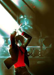  1boy absurdres altar belt black_jacket black_necktie black_pants blood blood_on_weapon eyepatch highres holding holding_knife imminent_stabbing jacket knife kurosawa_(adelta) male_focus necktie official_art ooe_(game) pants red_eyes red_shirt shinbashi_(ooe) shirt smile weapon 