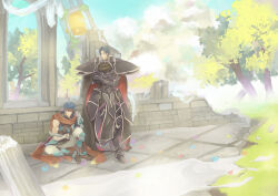  2boys armor black_armor blue_hair boots brown_boots closed_eyes closed_mouth commentary_request crossed_arms eifilet fire_emblem fire_emblem:_radiant_dawn fire_emblem_heroes headband ike_(fire_emblem) ike_(vanguard_legend)_(fire_emblem) male_focus multiple_boys official_alternate_costume outdoors pauldrons red_headband ruins short_hair shoulder_armor sitting spoilers standing tree zelgius_(fire_emblem) zelgius_(jet-black_general)_(fire_emblem) 