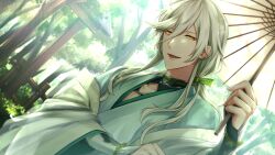  1boy absurdres arm_armor armor bishounen black_gloves commentary_request day dutch_angle fangs fingerless_gloves gloves green_kimono green_ribbon hair_between_eyes hair_ribbon highres holding holding_umbrella iritani_ryouya iriya_(yuugen_romantica) japanese_armor japanese_clothes kimono kote kurokote layered_kimono long_hair looking_at_viewer male_focus oil-paper_umbrella outdoors pectoral_cleavage pectorals red_hair ribbon shirt_under_kimono shoulder_armor sidelocks sode solo torii tree umbrella white_hair yellow_eyes yuugen_romantica 