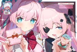  3girls :3 :t anis_bennett aqua_eyes aqua_ribbon artist_name black_bow black_ribbon black_sailor_collar blazer blue_eyes blue_ribbon blush bow bowtie box brown_ribbon candy cardigan chocolate choker collar commentary_request cross_hair_ornament dialogue_box dialogue_options eyebrows_hidden_by_hair eyepatch food frilled_collar frills gift gift_bag gift_box hair_bow hair_ornament hair_ribbon half-closed_eye hand_to_own_mouth heart heart-shaped_chocolate heart-shaped_food highres holding holding_gift incoming_gift jacket long_hair looking_at_viewer love_letter love_triangle momozono_meru multiple_girls muv-luv muv-luv_girls_garden open_mouth pink_cardigan pink_hair plaid_bow plaid_bowtie plaid_clothes pointy_nose portrait qiri_maru raised_inner_eyebrows rectangular_mouth red_bow red_bowtie ribbon ribbon_choker sailor_collar speech_bubble teeth translation_request twintails two_side_up upper_teeth_only v-shaped_eyebrows valentine watermark white_jacket 