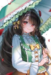  1girl absurdres black_hair bow braid braided_bangs brown_hair brown_skirt by_mirin closed_mouth dress drill_hair flower frills hair_flower hair_ornament highres holding holding_umbrella lolita_fashion long_hair long_sleeves looking_at_viewer nail_polish original parasol petals pointy_ears red_eyes red_flower shirt skirt smile solo twin_drills umbrella upper_body very_long_hair vest white_shirt yellow_bow 