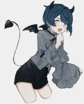  1boy androgynous black_necktie black_shorts blue_hair demon_boy demon_horns demon_tail demon_wings genshin_impact grey_background grey_shirt highres hnnoo horns long_sleeves looking_at_viewer male_focus necktie open_mouth shirt short_hair shorts smile solo tail wings xingqiu_(genshin_impact) yellow_eyes 