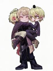  1boy 2girls a_certain_sinclair_(project_moon) aged_up animal_on_head arm_around_neck bandaged_leg bandages belt bird bird_on_head black_belt black_bird black_boots black_coat black_gloves black_jacket black_sleeves blonde_hair blush boots brown_shoes closed_eyes closed_mouth coat don_quixote_(project_moon) ear_blush facing_viewer full_body fur_shawl girl_sandwich gloves gold_trim hair_between_eyes hand_on_another's_ass hand_on_another's_thigh hashtag-only_commentary hetero high_collar hug_from_side jacket lace-up_boots lapels limbus_company load_bearing_vest long_sleeves looking_at_another meng_luoo multiple_girls on_head open_clothes open_coat open_jacket open_mouth pants project_moon red_shawl red_trim sancho_(project_moon) sandwiched scar scar_on_cheek scar_on_face shawl shoes short_hair sinclair_(project_moon) smile standing suit_jacket swept_bangs teeth trench_coat upper_teeth_only white_background white_pants yellow_eyes 