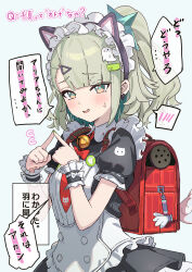  1girl animal_ear_hairband animal_ears aqua_background bell black_dress blush cat_ear_hairband cat_ears commentary_request dress earrings fake_animal_ears frilled_dress frilled_sleeves frills ghost_hair_ornament green_eyes green_hair green_nails hair_ornament hairband heart heart_earrings highres jewelry looking_at_viewer maid maid_headdress multiple_hair_clips neck_bell necktie official_alternate_costume open_mouth ponytail red_bag red_necktie simple_background solo speech_bubble sunna_(afternoon_tea_break)_(zenless_zone_zero) sunna_(zenless_zone_zero) sweat translation_request triangle_hair_ornament upper_body white_wings winged_bag wings yucblossom zenless_zone_zero 