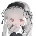  1girl absurdres black_dress black_ribbon chibi closed_mouth dress gothic_lolita hair_ribbon hairband highres lolita_fashion lolita_hairband long_hair looking_at_viewer red_eyes ribbon rozen_maiden simple_background solo suigintou tetee very_long_hair white_background white_hair 