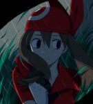  1girl bandana blue_eyes brown_hair closed_mouth collared_shirt commentary falling_leaves gloves grass hair_between_eyes leaf looking_down may_(pokemon) outdoors pokemon pokemon_(anime) pokemon_rse_(anime) rain red_bandana red_shirt shirt sidelocks solo upper_body wet white_gloves yooguru_(pixiv40318755) 