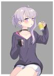  1girl alcohol beer beer_can can highres hood hoodie long_sleeves purple_hair shorts simple_background solo violet_eyes vocaloid yuzuki_yukari zooanime 