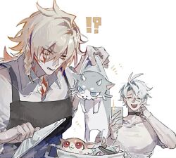  2boys anaxa_(honkai:_star_rail) anaxa_(nanus)_(honkai:_star_rail) antenna_hair apron arm_tattoo black_apron black_choker blonde_hair blue_eyes braid chest_tattoo chimera_(honkai:_star_rail) choker collared_shirt commentary facial_tattoo gradient_hair holding holding_phone honkai:_star_rail honkai_(series) male_focus medium_hair multicolored_hair multiple_boys mydei_(fig_stew)_(honkai:_star_rail) mydei_(honkai:_star_rail) neck_tattoo parted_bangs phainon_(honkai:_star_rail) phainon_(vigethos)_(honkai:_star_rail) phone red_hair red_tattoo shirt short_hair side_braid simple_background sun_symbol sun_tattoo sunset_1830 tattoo untranslatable_commentary white_background white_hair white_shirt yellow_eyes 