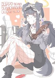  1girl absurdres ammunition animal_collar animal_ears black_hair black_shorts blue_archive blue_eyes border bowl briefcase bright_pupils chocolate chocolate_on_face collar commentary dated dog_ears dog_girl dog_tail english_commentary english_text eyewear_on_head fishnet_pantyhose fishnets floppy_ears food food_on_face goggles goggles_on_head grey_shirt halo happy_valentine hariyaa heart hibiki_(blue_archive) high-waist_shorts highres holding holding_chocolate holding_food knees_up licking licking_finger licking_own_finger light_blush long_hair long_sleeves looking_at_viewer low_twintails mortar_(weapon) mortar_shell orange_background outside_border pantyhose screwdriver shirt shorts sitting sleeves_past_wrists solo tail twintails white_border white_pupils yellow_halo 