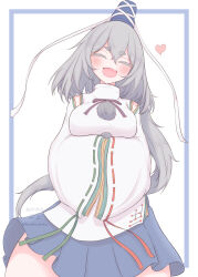  1girl absurdres blue_hat blue_skirt closed_eyes commentary fang grey_hair hat heart highres hirokazukaku long_hair long_sleeves mononobe_no_futo ponytail ribbon-trimmed_sleeves ribbon_trim short_eyebrows simple_background skin_fang skirt solo tate_eboshi touhou twitter_username untranslatable_commentary variant_set very_long_hair white_background wide_sleeves 