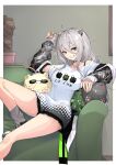  1girl animal_ears choker couch grey_eyes grey_hair grin highres hololive lion_ears long_sleeves looking_at_viewer nail_polish on_couch shirt shishiro_botan sitting smile socks solo sunglasses t-shirt zooanime 