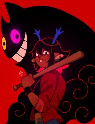  1girl 1other animal_ears antlers baseball_bat black_hair black_tank_top blue_horns blue_pants brown_fur buck_teeth cat cat_ears colored_sclera december_holiday deltarune denim design_speculation ear_piercing flannel freckles friend_(deltarune) furry furry_female ghostbento glowing glowing_eyes grin heterochromia highres holding holding_baseball_bat holding_weapon horns jeans living_shadow looking_at_viewer medium_hair midriff over_shoulder pants piercing pink_sclera plaid_clothes plaid_shirt red_background red_nose red_shirt reindeer_antlers reindeer_girl shirt sideways_glance single_blank_eye sleeves_rolled_up smile tank_top teeth turning_head utdr_(toby_fox) weapon weapon_over_shoulder yellow_sclera 