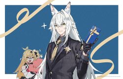  1boy 1girl ahoge animal_ear_fluff animal_ears bare_shoulders black_gloves black_jacket blonde_hair blue_background border cissia_(zenless_zone_zero) closed_mouth collar colored_tips commentary_request crossed_bangs detached_sleeves gift gloves grey_shirt hair_between_eyes holding holding_gift jacket long_hair looking_at_viewer multicolored_hair necktie open_mouth police police_badge police_uniform policeman red_eyes severian_lowell shidare_(youh4016) shirt snake sparkle white_border white_hair white_snake yellow_eyes yellow_necktie zenless_zone_zero 