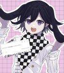  1boy :d animal_ears black_hair buttons checkered_clothes checkered_scarf danganronpa_(series) danganronpa_v3:_killing_harmony double-breasted fake_animal_ears fuyu_ko highres jacket long_sleeves looking_at_viewer male_focus multicolored_hair oma_kokichi rabbit_ears scarf smile solo teeth translation_request two-tone_hair upper_body upper_teeth_only violet_eyes white_jacket 