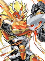  1boy agnimon armor black_bodysuit blue_eyes bodysuit commentary_request cowboy_shot digimon digimon_(creature) fang fire helmet highres horns long_hair male_focus red_armor red_helmet simple_background slit_pupils solo takeuchi_(a3) white_background 