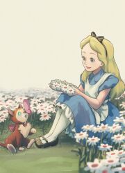  1girl alice_(disney) alice_in_wonderland_(disney) apron blonde_hair blue_dress blue_eyes bow cat dinah_(disney) disney dress hairband highres holding long_hair open_mouth ribbon shikata_ni shoes short_sleeves smile white_apron 