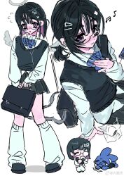  1girl alien_stage alternate_costume beamed_sixteenth_notes black_bag black_hair black_sweater_vest bow bowtie chinese_commentary collared_shirt colored_inner_hair commentary_request earphones earphones eighth_note glasses hair_ornament hairclip halo highres leg_warmers low_ponytail medium_hair mini_wings multicolored_hair musical_note ponytail rabbit shirt striped_bow striped_bowtie striped_clothes sua_(alien_stage) sweater_vest taowu_(20809) white_leg_warmers white_shirt wings 