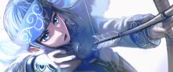  1girl absurdres ainu ainu_clothes asirpa bandana black_hair blue_bandana blue_eyes bow_(weapon) cloak earrings firing fur_cloak golden_kamuy highres hoop_earrings jewelry long_hair long_sleeves motsu_pot open_mouth solo weapon white_background 