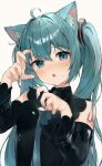  1girl :o ahoge animal_ear_fluff animal_ears aqua_eyes aqua_hair aqua_nails aqua_necktie black_shirt blush cat_ears cat_girl claw_pose detached_sleeves fang fingernails hair_between_eyes hatsune_miku highres long_fingernails long_hair necktie shirt shoulder_tattoo slit_pupils solo sweatdrop tananuki tattoo twintails upper_body very_long_hair vocaloid white_background 