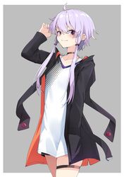  1girl ahoge alternate_costume hair_ornament highres long_sleeves purple_hair shirt simple_background solo thigh_strap violet_eyes vocaloid voiceroid white_shirt yuzuki_yukari zooanime 