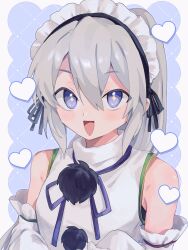  +_+ 1girl :d bare_shoulders blue_background blue_eyes commentary_request heart highres looking_at_viewer maid maid_headdress mononobe_no_futo open_mouth plumapple3 pom_pom_(clothes) smile solo touhou upper_body 