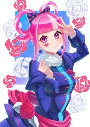  1girl aduti_momoyama blue_dress blunt_bangs blush bow breasts closed_mouth commentary_request dress facial_mark fire_emblem fire_emblem_engage fire_emblem_heroes floral_print floral_print_dress flower hair_bow hair_rings heart heart_facial_mark highres hortensia_(cutesplosion)_(fire_emblem) hortensia_(fire_emblem) long_sleeves looking_at_viewer medium_breasts multicolored_hair official_alternate_costume pink_eyes pink_hair polka_dot polka_dot_bow print_dress smile solo two-tone_hair w 