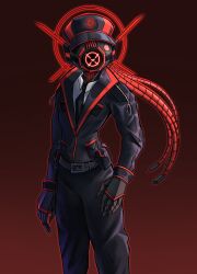  1other ambiguous_gender belt black_jacket black_necktie character_request collared_shirt contrapposto cowboy_shot facing_viewer fake_alex hand_on_own_hip hat highres jacket necktie object_head pressure_(roblox) shirt textless_version white_shirt 