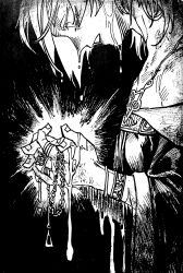  1girl absurdres ange_katrina ange_katrina_(1st_costume) bracelet commentary_request dripping from_side glowing_object greyscale hatching_(texture) head_down highres holding holding_jewelry jewelry linear_hatching looking_down monochrome multiple_bracelets multiple_rings nijisanji open_mouth own_hands_together ring shou-star solo upper_body virtual_youtuber 