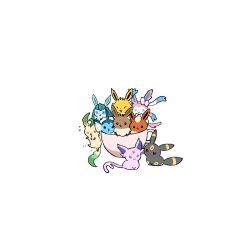  animal_focus black_eyes blue_eyes brown_eyes colored_sclera commentary_request cup eevee espeon flareon glaceon hanging jolteon leafeon lying no_humans open_mouth pokemon pokemon_(creature) pokemon_focus red_sclera shaking simple_background smile sylveon teacup umbreon upiupisyo vaporeon violet_eyes white_background 