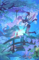 2girls bird black_gloves blue_background bridge coat collared_shirt commission couple english_commentary floating from_side full_body gloves grey_coat grey_hair hair_flowing_over heads_together high_ponytail highres holding holding_hands holding_umbrella honkai:_star_rail honkai_(series) kafka_(honkai:_star_rail) long_sleeves looking_at_another moon multiple_girls night outdoors pantyhose plant pond ponytail purple_hair shirt shorts sky sleeves_rolled_up standing stelle_(honkai:_star_rail) tonya12138 trailblazer_(honkai:_star_rail) tree umbrella water white_shirt yuri 
