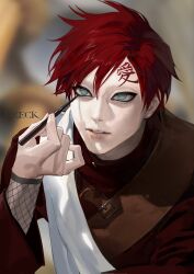  1boy absurdres aqua_eyes chinese_commentary commentary_request eyeliner fishnet_sleeves fishnets forehead_tattoo gaara_(naruto) highres holding long_sleeves makeup male_focus naruto_(series) naruto_shippuuden parted_hair parted_lips red_hair red_shirt shirt short_hair solo tattoo upper_body wz_(woyzeck) 