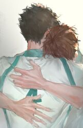  2boys aoba_johsai_volleyball_uniform arms_around_back black_hair brown_hair commentary english_commentary foryooniq from_behind haikyuu!! head_on_another's_shoulder highres hug iwaizumi_hajime male_focus multiple_boys oikawa_tooru_(haikyuu!!) short_hair upper_body white_background 