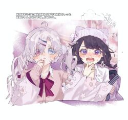  2girls ahoge black_hair blush bow bowtie brown_sweater character_request check_character commentary_request crying crying_with_eyes_open drill_hair grey_eyes grey_hair hair_ornament hairclip hat heterochromia japanese_clothes kimono long_hair multiple_girls murasaki_(reverseblue) official_alternate_costume open_mouth parted_lips red_bow red_bowtie red_eyes reverseblue_x_re-birthend shia_(reverseblue) shirt sweater tears translation_request twin_drills violet_eyes white_hat white_shirt zika_power 