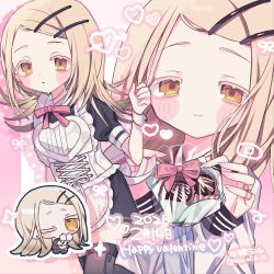  1girl absurdres apron artist_name bandaid bandaid_on_finger bandaid_on_hand black_shirt black_shorts blonde_hair blue_neckerchief blush bow bowtie chibi chocolate closed_mouth colored_eyelashes commentary_request contrast_collar corset dated feet_out_of_frame flipped_hair food frilled_apron frills gakuen_idolmaster grey_thighhighs hair_ornament hairclip happy_mille-feuille_(idolmaster) happy_valentine heart heart_apron highres holding holding_food idolmaster long_hair looking_at_viewer maid maid_apron multiple_views neckerchief one_eye_closed parallel_hairclips parted_lips pink_bow pink_bowtie puffy_short_sleeves puffy_sleeves satou_uyu shinosawa_hiro shirt short_sleeves shorts swept_bangs thigh-highs twitter_username upper_body white_apron white_corset white_shirt wrist_cuffs 