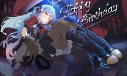  1girl bang_dream! bang_dream!_it's_mygo!!!!! black_boots black_corset black_mask black_pants black_ribbon black_skirt blue_hair boots chandelier commentary corset hair_ribbon happy_birthday hashtag-only_commentary high_heel_boots high_heels highres holding holding_mask lilachinami long_hair looking_at_viewer mask oblivionis_(bang_dream!) pants parted_lips puffy_short_sleeves puffy_sleeves red_shirt reflective_floor ribbon shirt short_sleeves sidelocks sitting skirt sky solo star_(sky) starry_sky togawa_sakiko untranslatable_commentary unworn_mask window yellow_eyes 