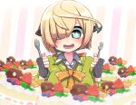  1girl aqua_eyes aqua_hair black_gloves blonde_hair blush bow bowtie cake cake_slice cardigan drooling fingerless_gloves food fork gloves green_cardigan hair_bow hair_over_eyes happy holding holding_fork inaba_gou_(tenka_hyakken) multicolored_hair orange-bird raised_eyebrows smile solo sparkling_eyes strawberry_shortcake streaked_hair striped tenka_hyakken two-tone_hair vertical_stripes wing_collar 