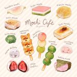  animal-themed_food commentary daifuku dango english_commentary english_text food food_focus fruit hanabira_mochi ichigo_daifuku instagram_username mame_daifuku_(food) mitarashi_dango mochi no_humans original sakura_mochi sanshoku_dango strawberry strawberry_slice striped striped_background wagashi white_background ydxart 