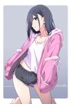  1girl artist_name black_hair black_shorts blue_background blue_eyes border commentary_request dated dolphin_shorts hands_in_pockets highres jacket long_sleeves nii_manabu open_clothes open_jacket original pink_jacket shirt shorts smile solo white_border white_shirt 