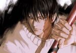 1boy black_background black_hair black_sclera closed_mouth colored_sclera fushiguro_touji hand_up highres holding holding_polearm holding_weapon jujutsu_kaisen male_focus ndsoda polearm scar scar_on_face scar_on_mouth short_hair solo staff sweater upper_body weapon white_eyes white_sweater 