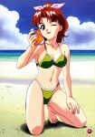  1990s_(style) 1girl barefoot beach bikini can day full_body green_bikini hand_on_own_thigh holding holding_can kimoto_yukari kneeling long_hair looking_at_viewer navel non-web_source official_art one_eye_closed outdoors page_number redhead retro_artstyle soda_can solo swimsuit yamada_masaki zenkoku_seifuku_bishoujo_grand_prix 