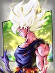  1boy angry aura belt biceps blonde_hair clenched_teeth commentary commentary_request dougi dragon_ball dragon_ball_z from_side highres hiro_(udkod1ezlyi2flo) muscular muscular_male pectorals solo son_goku spiky_hair super_saiyan super_saiyan_1 teeth torn torn_clothes yellow_aura 