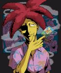  1boy bart_simpson black_eyes cigar closed_mouth colored_skin commentary_request grey_background hawaiian_shirt highres holding holding_cigar knife male_focus photo_(object) pink_shirt redhead satou_(ultrmngrtsrt) shaded_face shirt short_hair short_sleeves shuriken sideshow_bob smile smoking solo spiky_hair the_simpsons upper_body weapon yellow_skin 