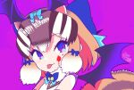  1girl animal_ears blue_eyes brown_hair chipmunk_ears chipmunk_girl chipmunk_tail demon_wings elbow_gloves extra_ears gloves kemono_friends kemono_friends_v_project kitsunetsuki_itsuki looking_at_viewer microphone purple_background ribbon shirt short_hair siberian_chipmunk_(kemono_friends) simple_background sleeveless sleeveless_shirt solo tail tongue upper_body vest virtual_youtuber wings 