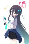  &lt;key&gt;_(blue_archive) 1girl absurdly_long_hair aris_(blue_archive) black_hair blue_archive blue_hair blue_necktie borrowed_clothes chewing_gum clothes_around_waist dark_blue_hair game_development_department_(blue_archive) hair_between_eyes halo highres holding holding_phone jacket jacket_around_waist long_bangs long_hair necktie phone pink_eyes red_halo shirt simple_background skirt solo very_long_hair white_background yu_arin 
