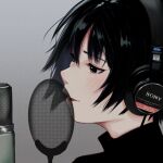  1girl amagami black_eyes black_hair close-up grey_background headphones highres microphone nanasaki_ai oshizu parted_lips portrait profile short_hair simple_background solo studio_microphone the_first_take turtleneck 