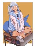  1girl :3 bandaid bandaid_on_knee bandaid_on_leg blue_eyes blue_nails blue_necktie blue_skirt book border closed_mouth collared_shirt commentary costume_request cross-laced_clothes cross-laced_sleeves desk drawstring english_commentary gawr_gura grey_hair hair_bobbles hair_ornament heart highres hololive hood hood_down hoodie indian_style keiokie looking_to_the_side mary_janes medium_hair miniskirt multicolored_hair_bobbles necktie one_side_up orange_background outside_border pencil_case shirt shoes simple_background sitting skirt socks solo virtual_youtuber white_border white_footwear white_shirt white_sleeves white_socks 