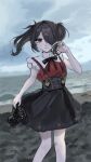  1girl adjusting_hair ame-chan_(needy_girl_overdose) beach black_eyes black_footwear black_hair black_ribbon black_skirt clouds cloudy_sky collared_shirt feet_out_of_frame hair_ornament hair_over_one_eye hair_tie hairclip hand_up highres holding holding_clothes holding_footwear looking_at_viewer muted_color neck_ribbon needy_girl_overdose ocean outdoors parted_lips red_shirt ribbon sanmanako shirt shirt_tucked_in shoes skirt sky smile solo standing suspender_skirt suspenders twintails unworn_shoes water wind x_hair_ornament 