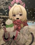  1girl absurdres animal_ears blonde_hair blue_archive blurry blurry_background bow brown_eyes cat_ears cat_tail fang gloves halo highres momoi_(blue_archive) open_mouth pink_halo pong2 short_hair smile snow_sculpture snowing tail winter winter_clothes 