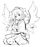  1girl asakura_maru bird_wings closed_mouth commentary_request full_body greyscale hat looking_at_viewer monochrome pom_pom_(clothes) seiza shameimaru_aya short_hair sitting smile socks solo tokin_hat touhou wings 